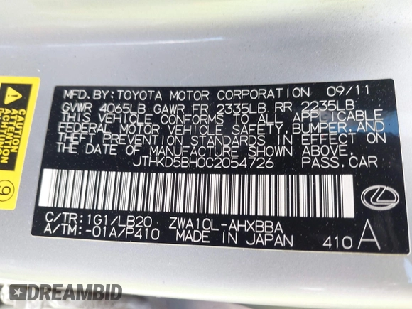 2012 Lexus CT CT 200h with VIN JTHKD5BH0C2054726, listed as a IAAI auction lot 42032885 with 112,429 mi miles and . Bid and sale history available at carsss.com. Image 9.