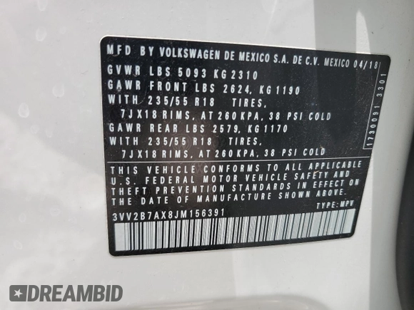 2018 Volkswagen Tiguan SEL z VIN 3VV2B7AX8JM156391, wystawiony jako Copart lot #56233975 z przebiegiem 85 166 mil mil oraz Szkoda całkowita • Salvage title. Historia ofert i sprzedaży dostępna na DreamBid. Obrazek 14.
