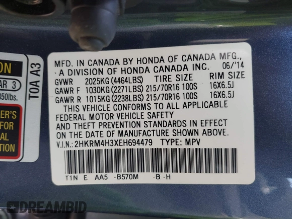 2014 Honda CR-V LX with VIN 2HKRM4H3XEH694479, listed as a IAAI auction lot 41992465 with 134,438 mi miles and . Bid and sale history available at carsss.com. Image 9.