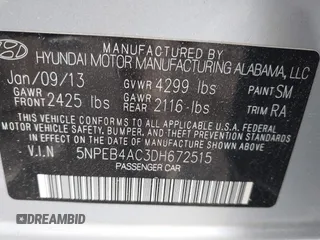 2013 Hyundai Sonata GLS with VIN 5NPEB4AC3DH672515, listed as a IAAI auction lot 42117112 with 280,750 mi miles and . Bid and sale history available at carsss.com. Image 9.