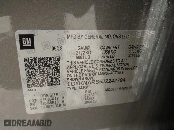 2018 Cadillac XT5 FWD with VIN 1GYKNARS5JZ242794, listed as a IAAI auction lot 42813475 with 32,266 mi miles and . Bid and sale history available at DreamBid. Image 9.
