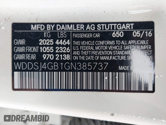 2016 Mercedes-Benz CLA 250 with VIN WDDSJ4GB1GN385737, listed as a IAAI auction lot 41970428 with 77,580 mi miles and . Bid and sale history available at DreamBid. Image 9.