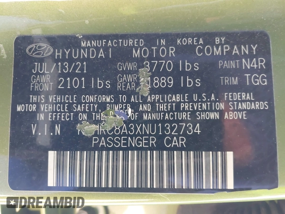 2022 Hyundai Venue SEL with VIN KMHRC8A3XNU132734, listed as a IAAI auction lot 41907902 with 69,665 mi miles and . Bid and sale history available at DreamBid. Image 18.