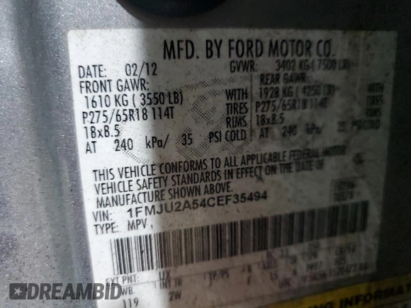 2012 Ford Expedition Limited z VIN 1FMJU2A54CEF35494, wystawiony jako Copart lot #53678825 z przebiegiem 169 248 mil mil oraz Szkoda całkowita • Salvage title. Historia ofert i sprzedaży dostępna na DreamBid. Obrazek 14.