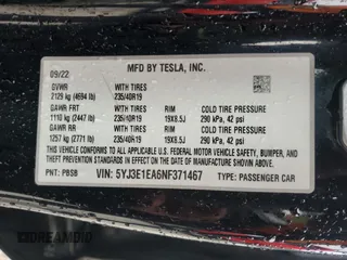 2022 Tesla Model 3 z VIN 5YJ3E1EA6NF371467, wystawiony jako Copart lot #58606025 z przebiegiem 84 706 mil mil oraz Czysty tytuł • Clean title. Historia ofert i sprzedaży dostępna na DreamBid. Obrazek 12.