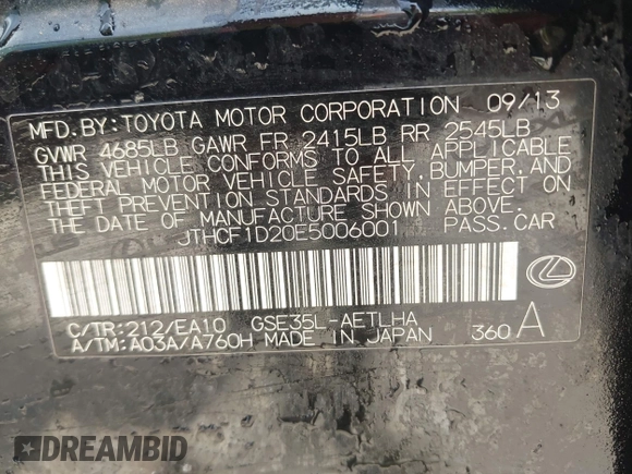 2014 Lexus IS 250 с VIN JTHCF1D20E5006001, выставлен на аукционе IAAI как лот 42658828 с пробегом 168 090 миль миль и . История ставок и продаж доступна на DreamBid. Изображение 9.