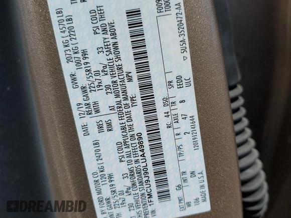 2020 Ford Escape Titanium with VIN 1FMCU9J90LUA49890, listed as a Copart auction lot 57228065 with 24,283 mi miles and Salvage title. Bid and sale history available at DreamBid. Image 12.