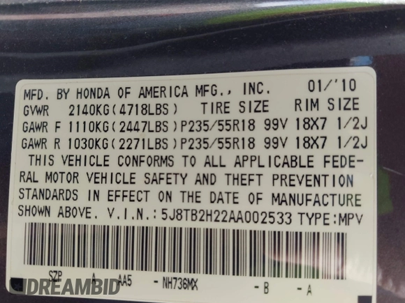 2010 Acura RDX with VIN 5J8TB2H22AA002533, listed as a IAAI auction lot 42552082 with 126,804 mi miles and . Bid and sale history available at DreamBid. Image 9.