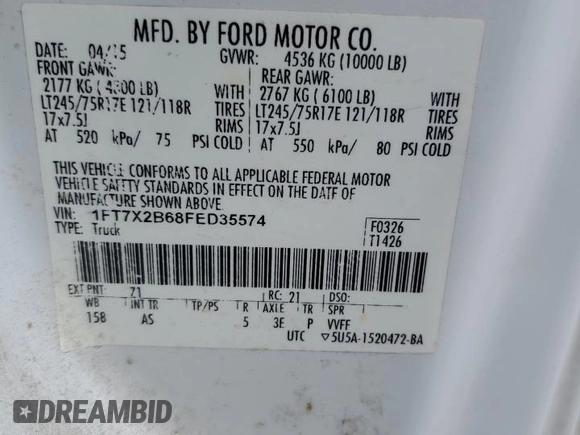 2015 Ford F-250 XLT with VIN 1FT7X2B68FED35574, listed as a Copart auction lot 53776475 with 170,591 mi miles and Salvage Title. Bid and sale history available at DreamBid. Image 12.