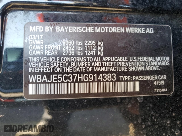 2017 BMW 5 Series 540i with VIN WBAJE5C37HG914383, listed as a Copart auction lot 46895345 with Not provided miles and Salvage title. Bid and sale history available at DreamBid. Image 13.