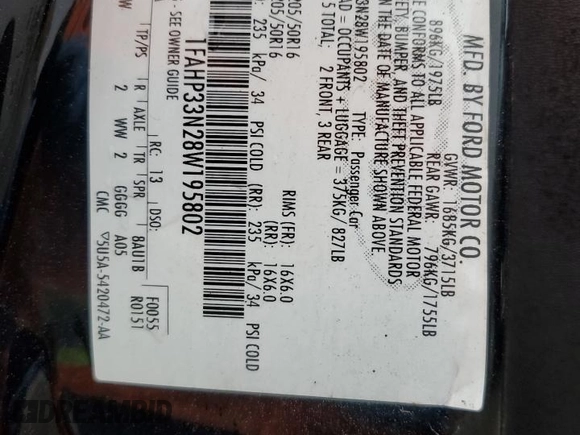 2008 Ford Focus SE with VIN 1FAHP33N28W195802, listed as a Copart auction lot 51786175 with 140,516 mi miles and Salvage Title. Bid and sale history available at carsss.com. Image 12.
