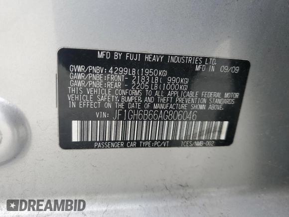 2010 Subaru Impreza i Premium with VIN JF1GH6B66AG806046, listed as a Copart auction lot 57985625 with 147,984 mi miles and Salvage title. Bid and sale history available at DreamBid. Image 12.