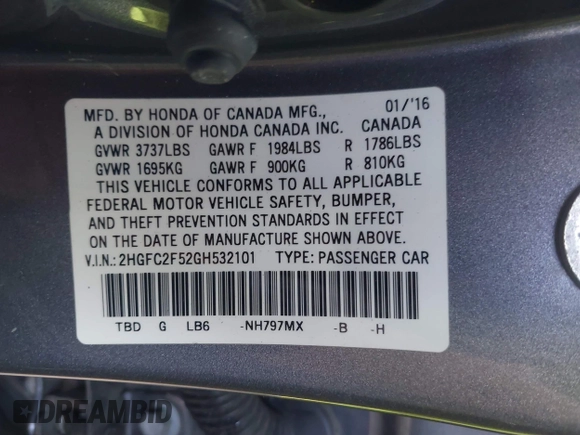 2016 Honda Civic Sedan LX with VIN 2HGFC2F52GH532101, listed as a IAAI auction lot 42009854 with 67,148 mi miles. Bid and sale history available at carsss.com. Image 9.