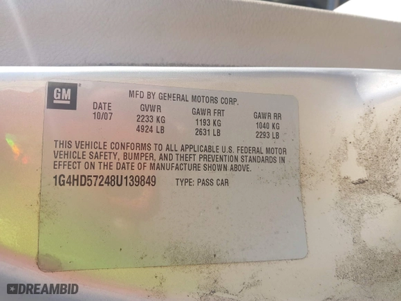 2008 Buick Lucerne CXL with VIN 1G4HD57248U139849, listed as a IAAI auction lot 41770730 with 131,622 mi miles. Bid and sale history available at carsss.com. Image 9.
