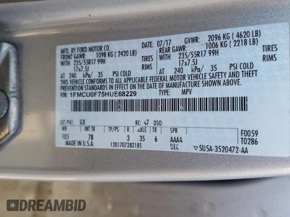 2017 Ford Escape S with VIN 1FMCU0F75HUE68229, listed as a Copart auction lot 48549335 with 143,244 mi miles and Non repairable. Bid and sale history available at DreamBid. Image 13.