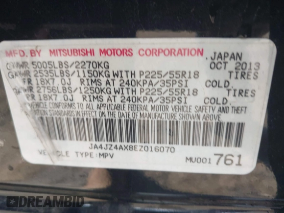 2014 Mitsubishi Outlander GT with VIN JA4JZ4AX8EZ016070, listed as a IAAI auction lot 41771934 with 157,724 mi miles and . Bid and sale history available at DreamBid. Image 9.