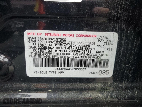 2016 Mitsubishi Outlander SE with VIN JA4AP3AW3GZ050007, listed as a Copart auction lot 53464095 with 47,809 mi miles and Salvage title. Bid and sale history available at DreamBid. Image 12.