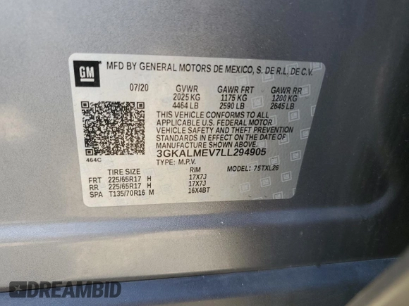 2020 GMC Terrain SLE with VIN 3GKALMEV7LL294905, listed as a Copart auction lot 43029265 with 47,843 mi miles and Salvage Title. Bid and sale history available at DreamBid. Image 13.