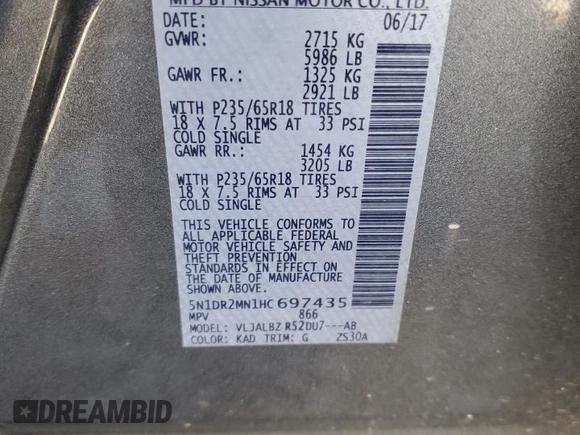 2017 Nissan Pathfinder S with VIN 5N1DR2MN1HC697435, listed as a Copart auction lot 48138225 with 128,782 mi miles and Salvage title. Bid and sale history available at DreamBid. Image 16.