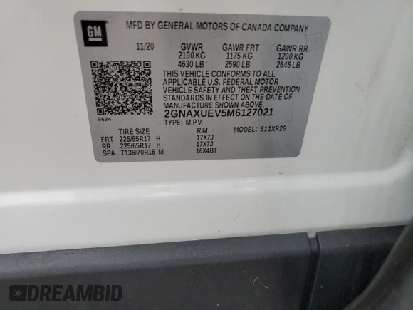 2021 Chevrolet Equinox LT with VIN 2GNAXUEV5M6127021, listed as a Copart auction lot 69222764 with 75,867 mi miles and Salvage Title. Bid and sale history available at DreamBid. Image 13.