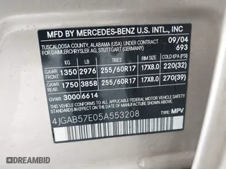 2005 Mercedes-Benz M-Class 3.7L with VIN 4JGAB57E05A553208, listed as a IAAI auction lot 41622243 with 90,904 mi miles. Bid and sale history available at carsss.com. Image 9.