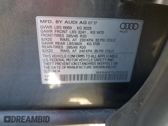 2018 Audi Q7 Premium with VIN WA1AAAF70JD005389, listed as a Copart auction lot 78998203 with 87,205 mi miles and . Bid and sale history available at DreamBid. Image 12.
