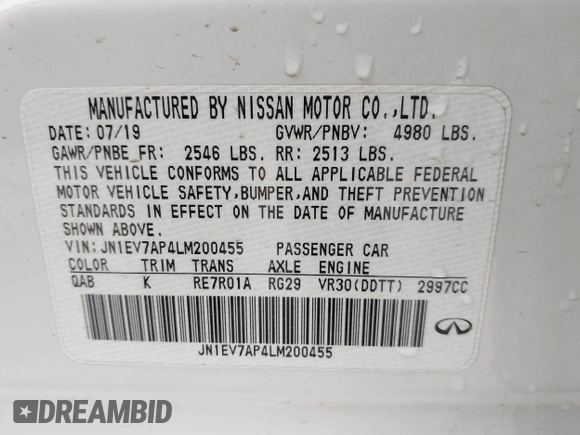2020 Infiniti Q50 Luxe with VIN JN1EV7AP4LM200455, listed as a IAAI auction lot 41514036 with 76,441 mi miles and . Bid and sale history available at DreamBid. Image 9.