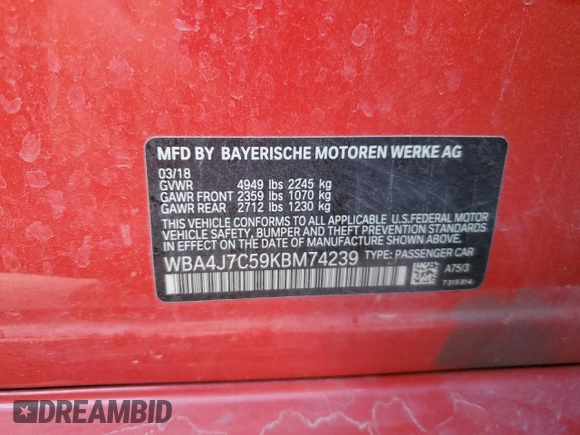 2019 BMW 4 Series 440i xDrive with VIN WBA4J7C59KBM74239, listed as a Copart auction lot 73240794 with Not Provided miles and Salvage Title. Bid and sale history available at carsss.com. Image 13.