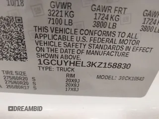 2019 Chevrolet Silverado 1500 High Country with VIN 1GCUYHEL3KZ158830, listed as a IAAI auction lot 41646878 with 105,524 mi miles. Bid and sale history available at carsss.com. Image 9.