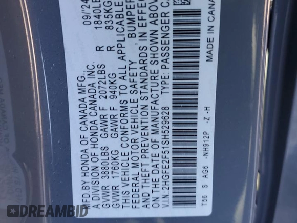 2025 Honda Civic Sport with VIN 2HGFE2F51SH529628, listed as a Copart auction lot 49619945 with Not provided miles and Salvage title. Bid and sale history available at DreamBid. Image 12.