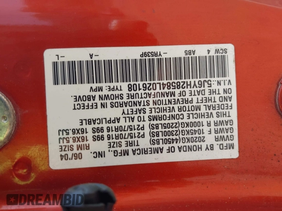 2004 Honda Element EX with VIN 5J6YH28584L026108, listed as a IAAI auction lot 42391346 with 285,776 mi miles and . Bid and sale history available at DreamBid. Image 9.