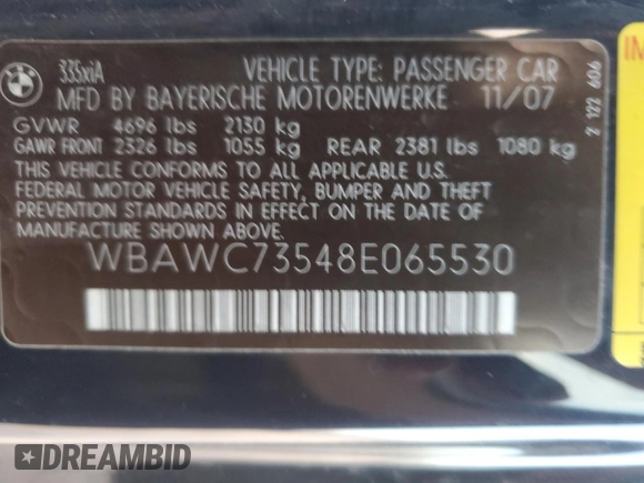2008 BMW 3 Series 335xi with VIN WBAWC73548E065530, listed as a Copart auction lot 83750604 with Not Provided miles and Salvage Title. Bid and sale history available at carsss.com. Image 12.