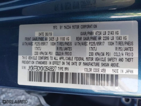 2019 Mazda CX-5 Touring with VIN JM3KFBCM0K0648627, listed as a IAAI auction lot 41838763 with NaN miles. Bid and sale history available at carsss.com. Image 9.
