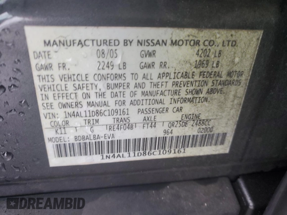 2006 Nissan Altima 2.5 with VIN 1N4AL11D86C109161, listed as a Copart auction lot 73160524 with 110,245 mi miles and Salvage title. Bid and sale history available at DreamBid. Image 15.