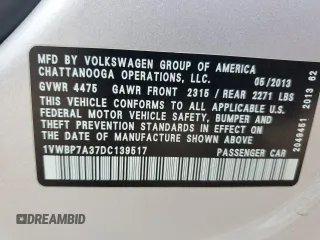 2013 Volkswagen Passat SE w/Sunroof & Nav with VIN 1VWBP7A37DC139517, listed as a Copart auction lot 48500645 with 86,871 mi miles and Salvage Title. Bid and sale history available at carsss.com. Image 12.
