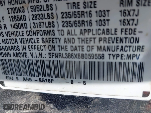 2006 Honda Odyssey EX-L с VIN 5FNRL386X6B059558, выставлен на аукционе IAAI как лот 42295963 с пробегом 234 249 миль миль и . История ставок и продаж доступна на DreamBid. Изображение 9.
