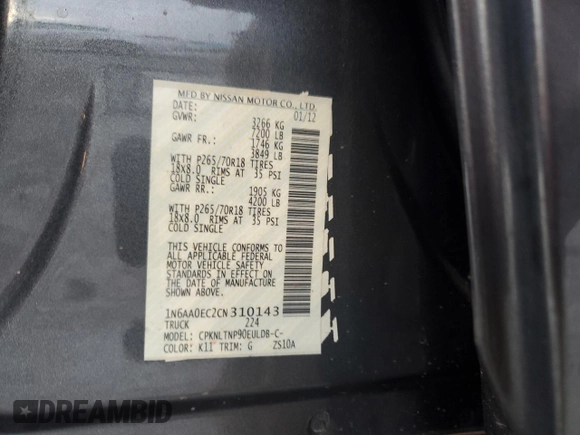2012 Nissan Titan SV with VIN 1N6AA0EC2CN310143, listed as a Copart auction lot 42346455 with 225,755 mi miles and Salvage Title. Bid and sale history available at carsss.com. Image 14.