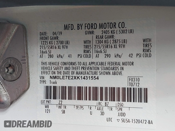 2019 Ford Transit Connect XL z VIN NM0LE7E2XK1431554, wystawiony jako IAAI lot #41464835 z przebiegiem 46 687 mil mil oraz . Historia ofert i sprzedaży dostępna na DreamBid. Obrazek 9.