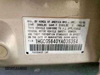 2000 Honda Accord LX z VIN 1HGCG5640YA035354, wystawiony jako Copart lot #58934115 z przebiegiem 167 536 mil mil oraz Szkoda całkowita • Salvage title. Historia ofert i sprzedaży dostępna na DreamBid. Obrazek 13.