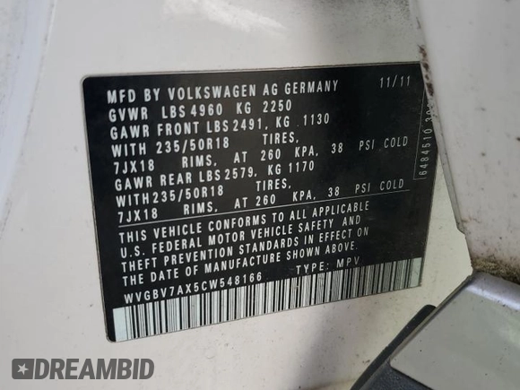 2012 Volkswagen Tiguan S with VIN WVGBV7AX5CW548166, listed as a Copart auction lot 54235285 with 184,338 mi miles and Clean Title. Bid and sale history available at DreamBid. Image 14.