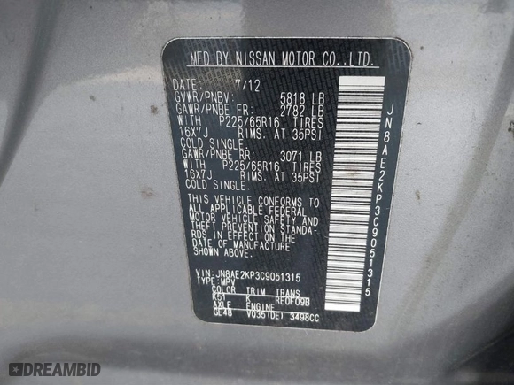 2012 Nissan Quest SL with VIN JN8AE2KP3C9051315, listed as a IAAI auction lot 38816807 with NaN miles. Bid and sale history available at carsss.com. Image 9.