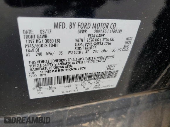 2017 Ford Explorer with VIN 1FM5K8B80HGC61676, listed as a Copart auction lot 59983645 with 130,899 mi miles and Salvage title. Bid and sale history available at DreamBid. Image 13.