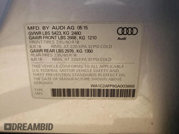 2016 Audi Q5 Premium with VIN WA1C2AFP9GA003866, listed as a Copart auction lot 56468165 with 97,467 mi miles and Salvage title. Bid and sale history available at DreamBid. Image 12.