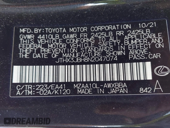 2022 Lexus UX 200 с VIN JTHX3JBH8N2047074, выставлен на аукционе IAAI как лот 41973682 с пробегом 27 248 миль миль и . История ставок и продаж доступна на DreamBid. Изображение 9.