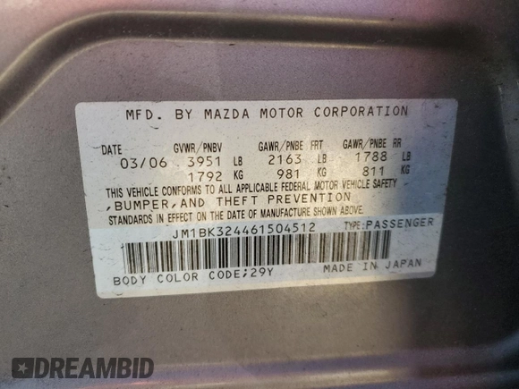 2006 Mazda 3 s with VIN JM1BK324461504512, listed as a Copart auction lot 80015434 with 130,797 mi miles and Salvage Title. Bid and sale history available at DreamBid. Image 12.