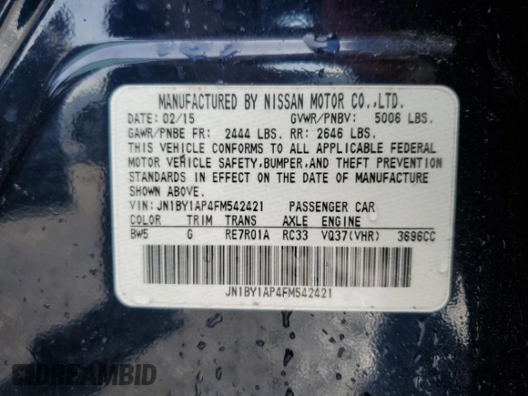 2015 Infiniti Q70 with VIN JN1BY1AP4FM542421, listed as a Copart auction lot 42403435 with Not provided miles and Non repairable. Bid and sale history available at DreamBid. Image 12.