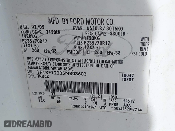 2005 Ford F-150 XL с VIN 1FTRF12235NB08603, выставлен на аукционе IAAI как лот 42294953 с пробегом 166 620 миль миль и . История ставок и продаж доступна на DreamBid. Изображение 9.