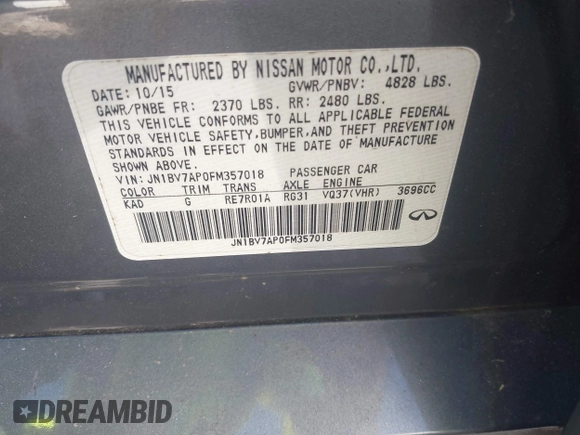 2015 Infiniti Q50 with VIN JN1BV7AP0FM357018, listed as a IAAI auction lot 42326677 with 179,436 mi miles and . Bid and sale history available at DreamBid. Image 9.