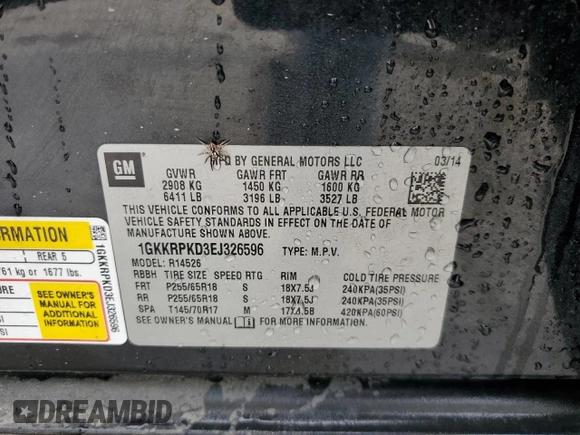 2014 GMC Acadia SLE with VIN 1GKKRPKD3EJ326596, listed as a Copart auction lot 53603695 with 158,494 mi miles and Salvage title. Bid and sale history available at DreamBid. Image 13.