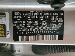 2013 Kia Sorento LX with VIN 5XYKT4A20DG374714, listed as a Copart auction lot 55486465 with Not provided miles and Salvage title. Bid and sale history available at DreamBid. Image 12.